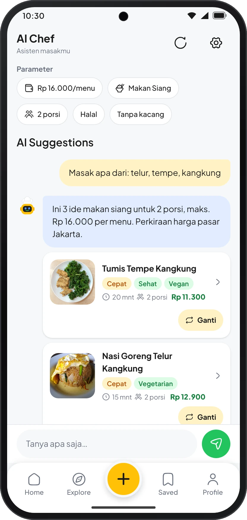 AI Chef menyarankan Tumis Tempe Kangkung dan menu lain dari bahan telur, tempe, dan kangkung