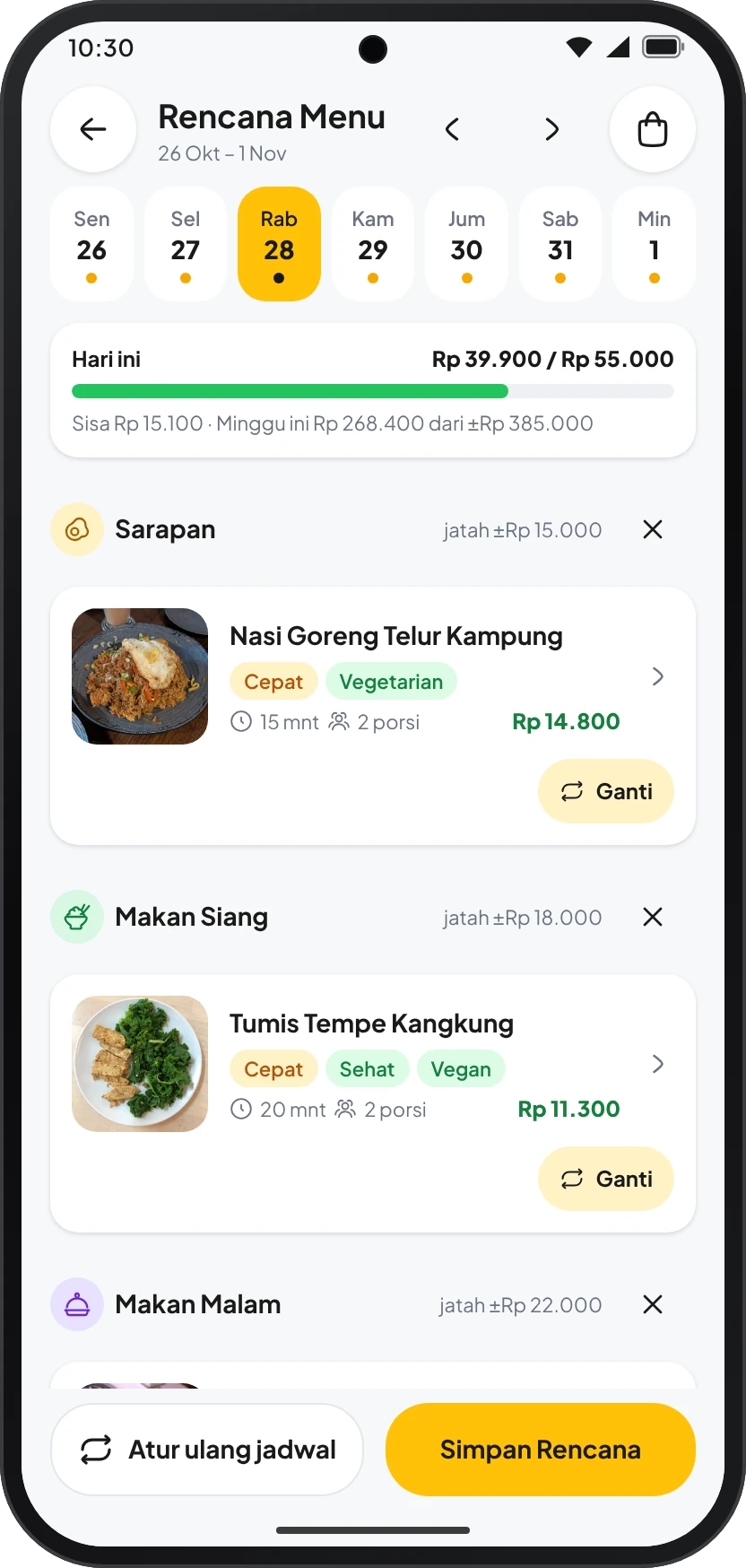 Rencana menu harian dengan jatah biaya tiap waktu makan